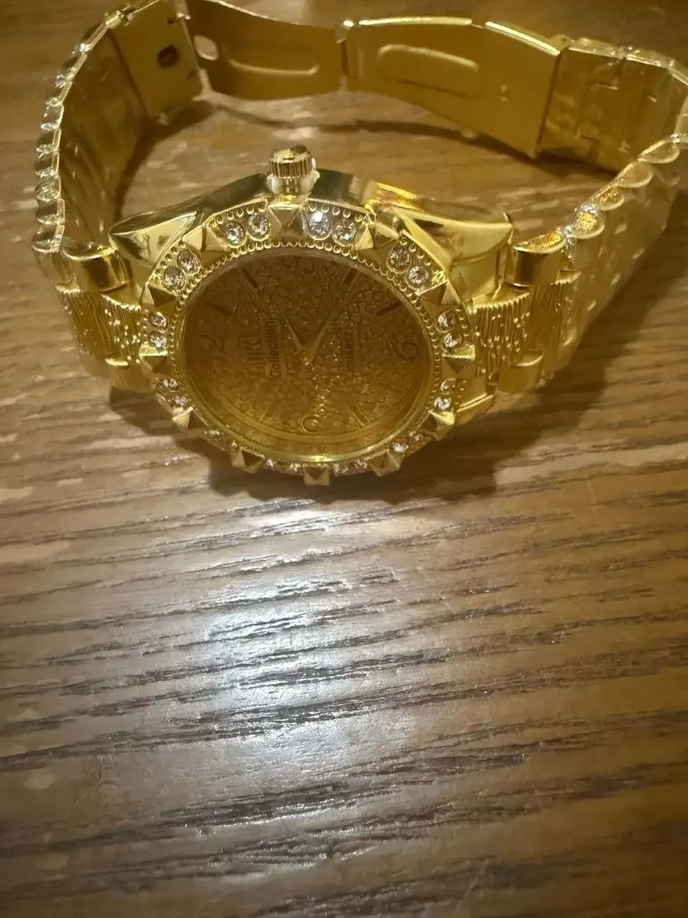 JINK Collection Gold Tone Nugget Watch with Rhinestone Bezel and Pave Dial